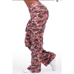 Rockstar Jahmani Pink Cargo Camo Stretch Wide Leg Jean Size Medium Distressed